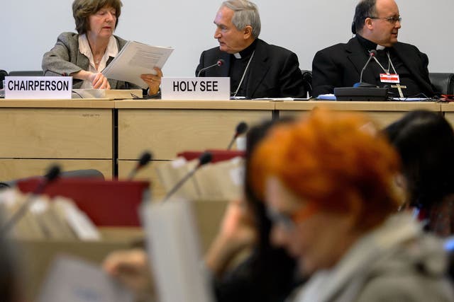 Chairperson Norwegian Kirsten Sandberg, Vatican's UN Ambassador Monsignor Silvano Tomasi and Former Vatican Chief Prosecutor of Clerical Sexual Abuse Charles Scicluna. The Vatican was pushed for the first time to provide answers to the UN over its commitm