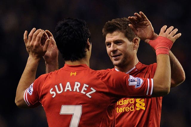 Steven Gerrard (right) and Luis Suarez are expected to start for Liverpool in Tuesday's Merseyside derby