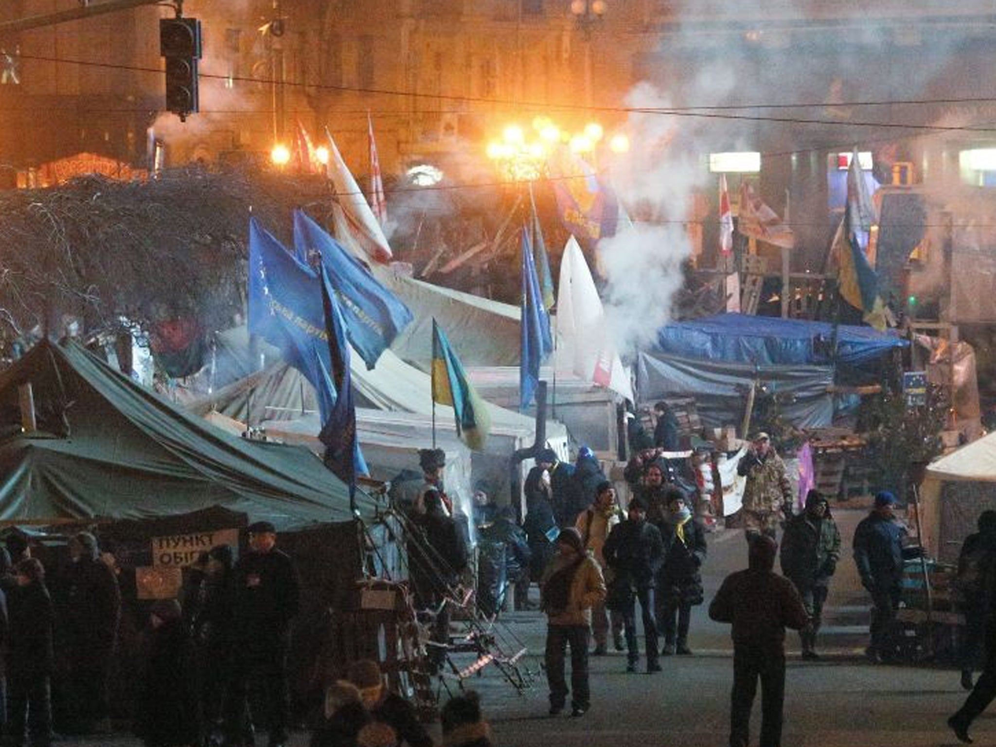Pro-European protesters around their tent camp at Independence square, Kiev