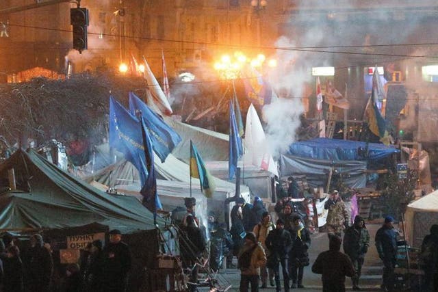 Pro-European protesters around their tent camp at Independence square, Kiev