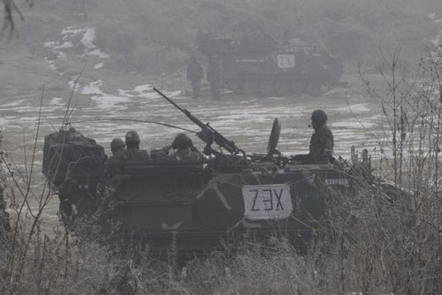South Korean army's armoured vehicles park during a military exercise in Paju
