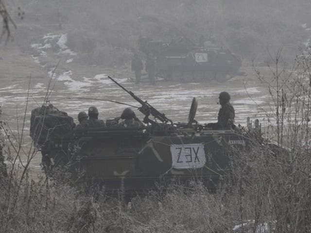 South Korean army's armoured vehicles park during a military exercise in Paju