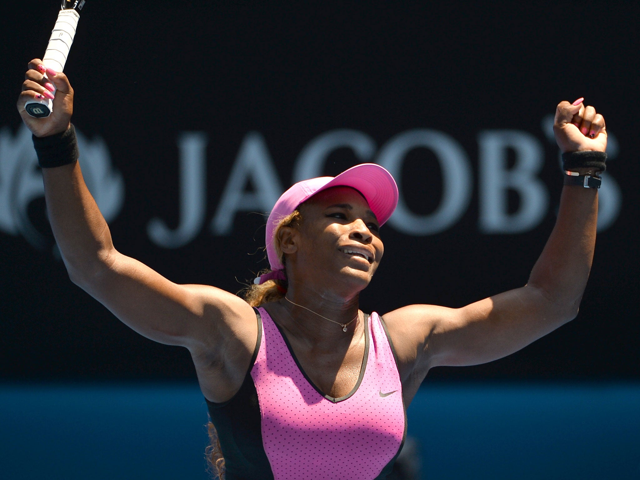 Serena Williams celebrates her third round victory over Daniela Hantuchova at the Australian Open