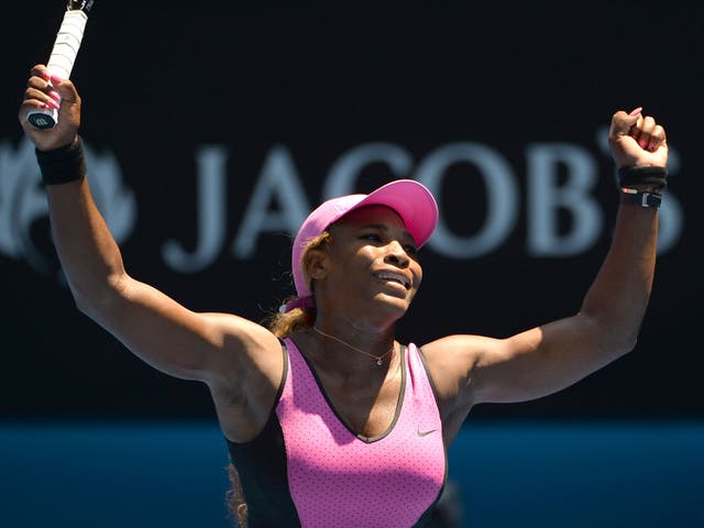 Serena Williams celebrates her third round victory over Daniela Hantuchova at the Australian Open