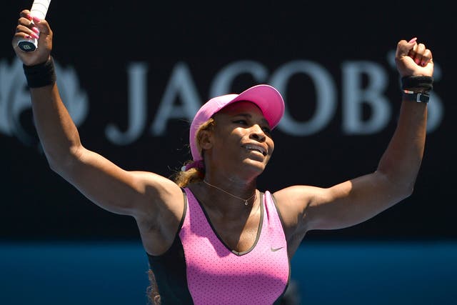 Serena Williams celebrates her third round victory over Daniela Hantuchova at the Australian Open