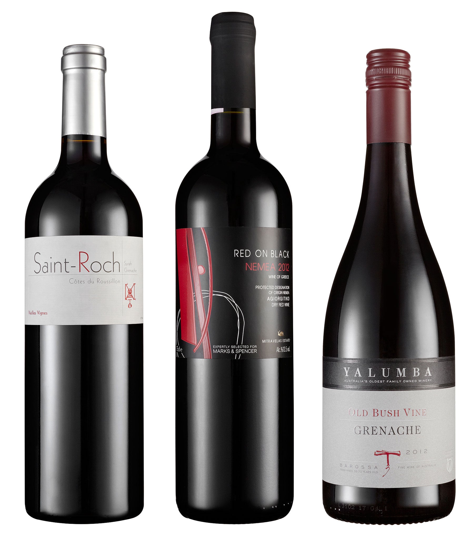 Saint-Roch Côtes Du Roussillon 2012; Red and Black Agiorgitiko Nemea 2012; Old Bush Vine Grenache Yalumba 2012