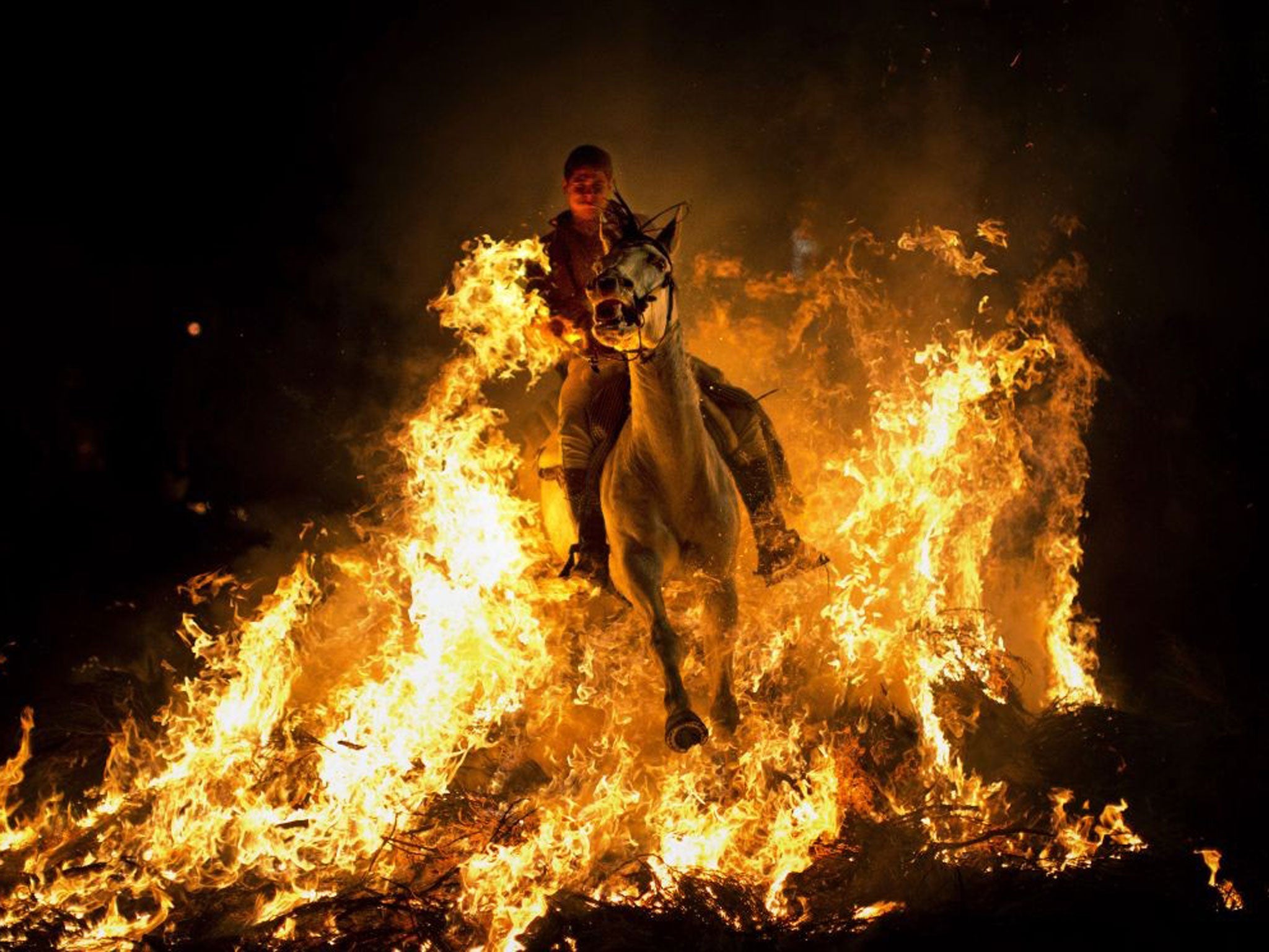 A man rides a horse through a bonfire as part of a ritual in honor of Saint Anthony, the patron saint of animals, in San Bartolome de Pinares, about 100 km west of Madrid