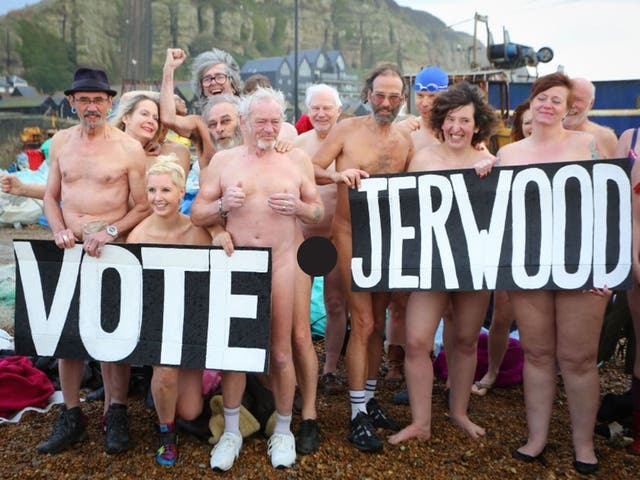 Residents of Hastings in East Sussex bare all in a naked flash mob on the beach, as the Jerwood Gallery in the town competes to win a photographic portrait session with photographer Spencer Tunick