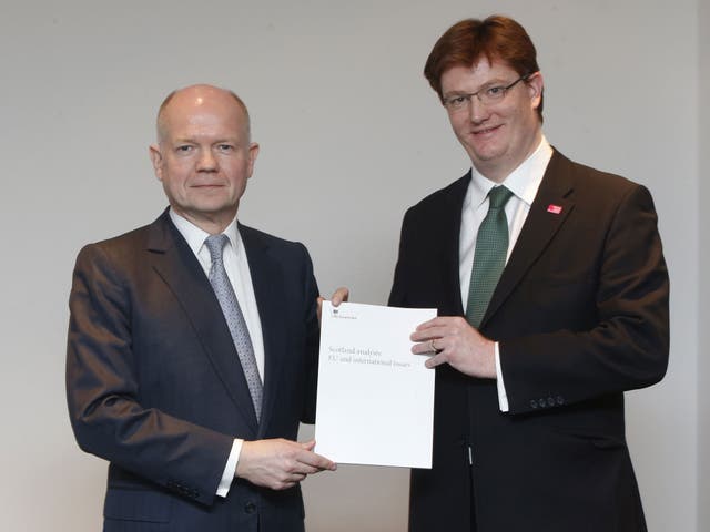 Foreign Secretary William Hague and chief Secretary to the Treasury Danny Alexander during the launch of the EU & international issues document at the Lighthouse in Glasgow