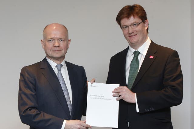 Foreign Secretary William Hague and chief Secretary to the Treasury Danny Alexander during the launch of the EU & international issues document at the Lighthouse in Glasgow