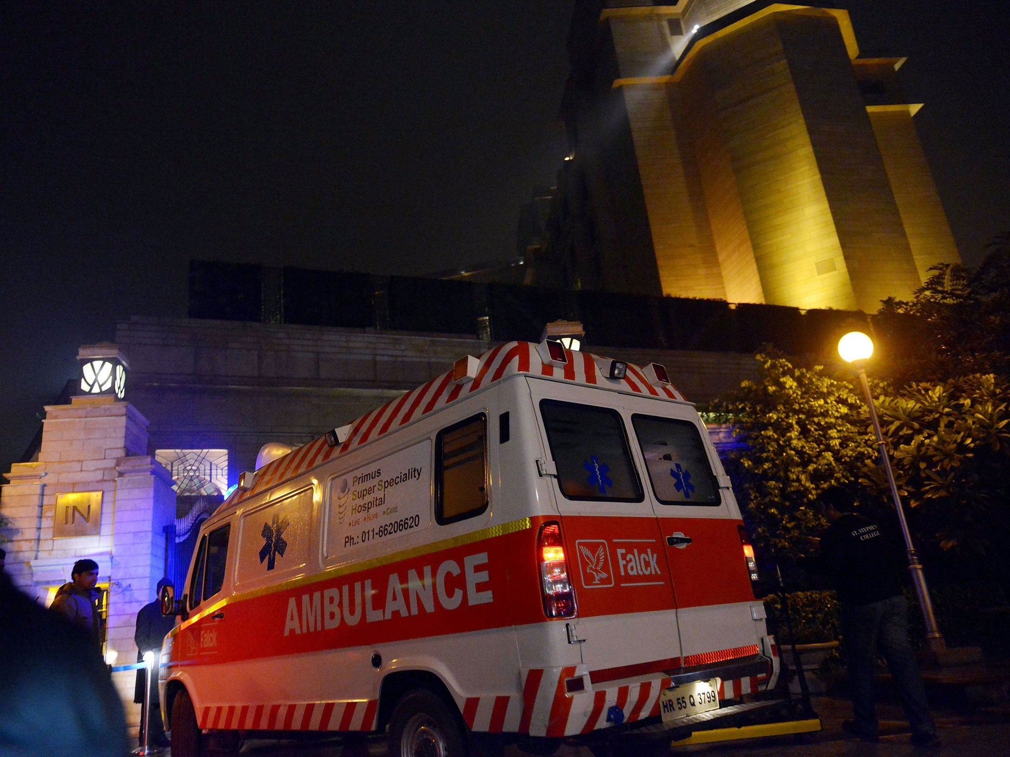 An ambulance arrives at the Leela Hotel in New Delhi where wife of Indian minister Shashi Tharoor, Sunanda Pushkar was found dead