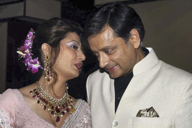 <p>Shashi Tharoor and his wife Sunanda Pushkar at their wedding reception in New Delhi in 2010</p>