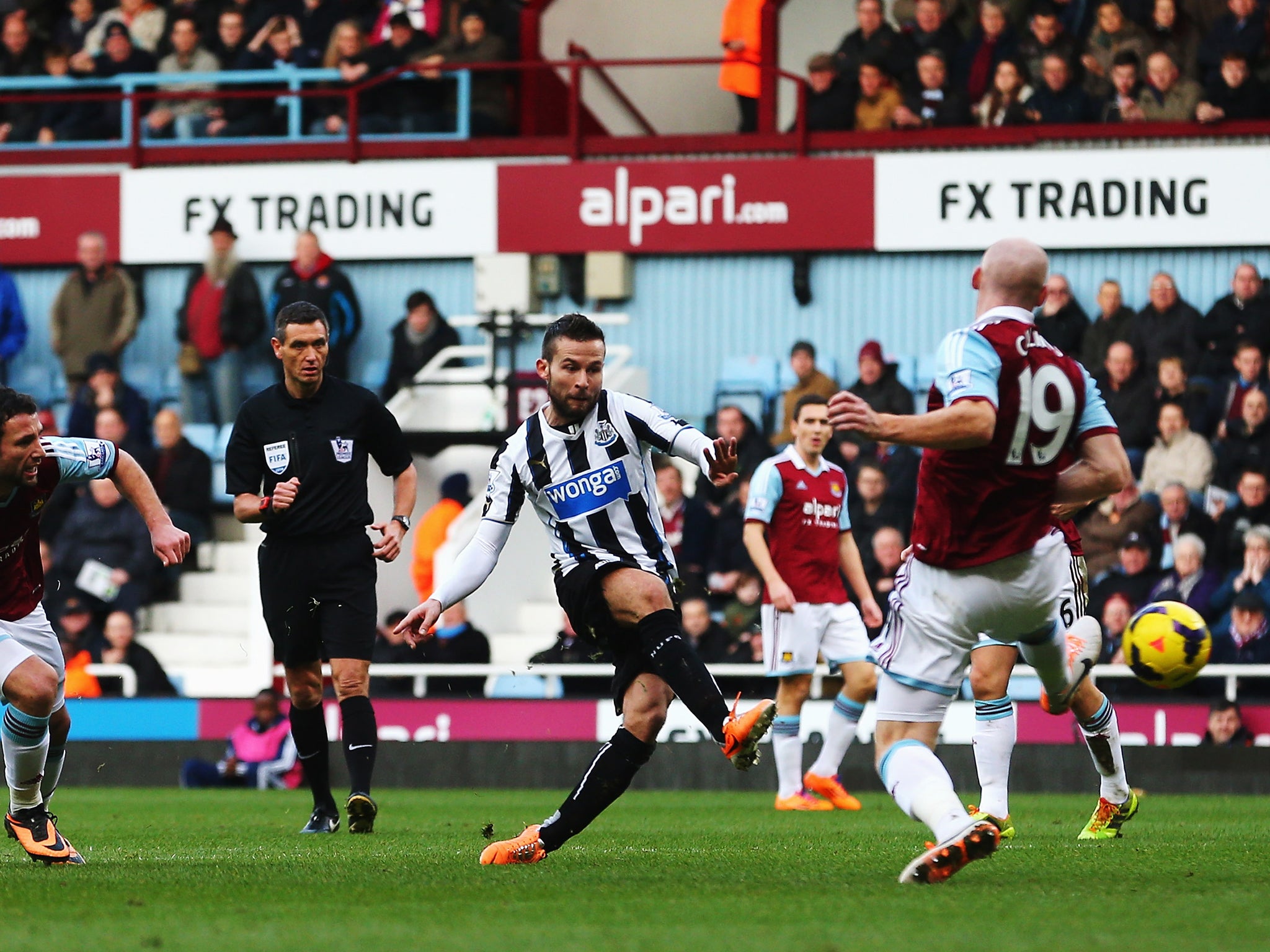 Yohan Cabaye scores against West Ham in Newcastle's 3-1 Premier League victory