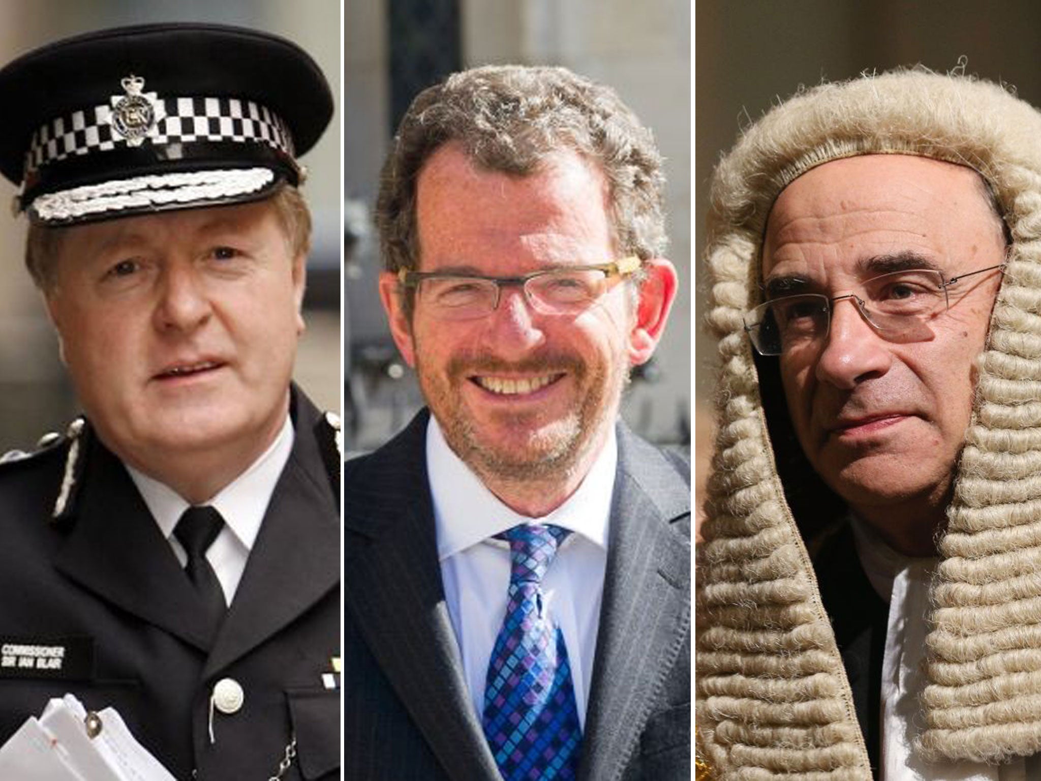 Who’s who: Lord Blair, when he was Met Commissioner; lawyer Robert Jay; and and Lord Justice Leveson