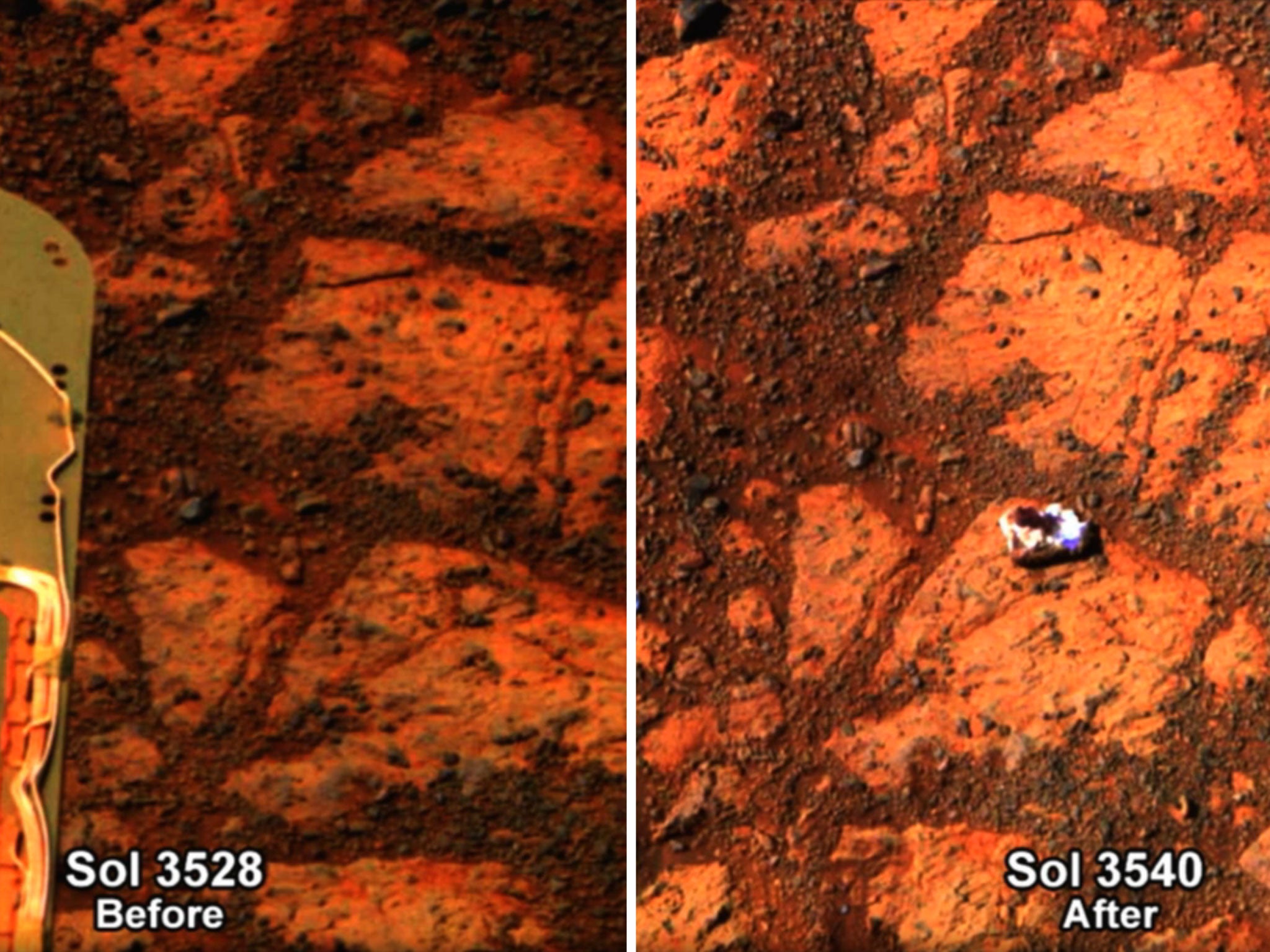 Images captured by Opportunity show the mysterious rock 'appeared' on an outcrop that had been empty just 12 Martian days ('Sols') earlier