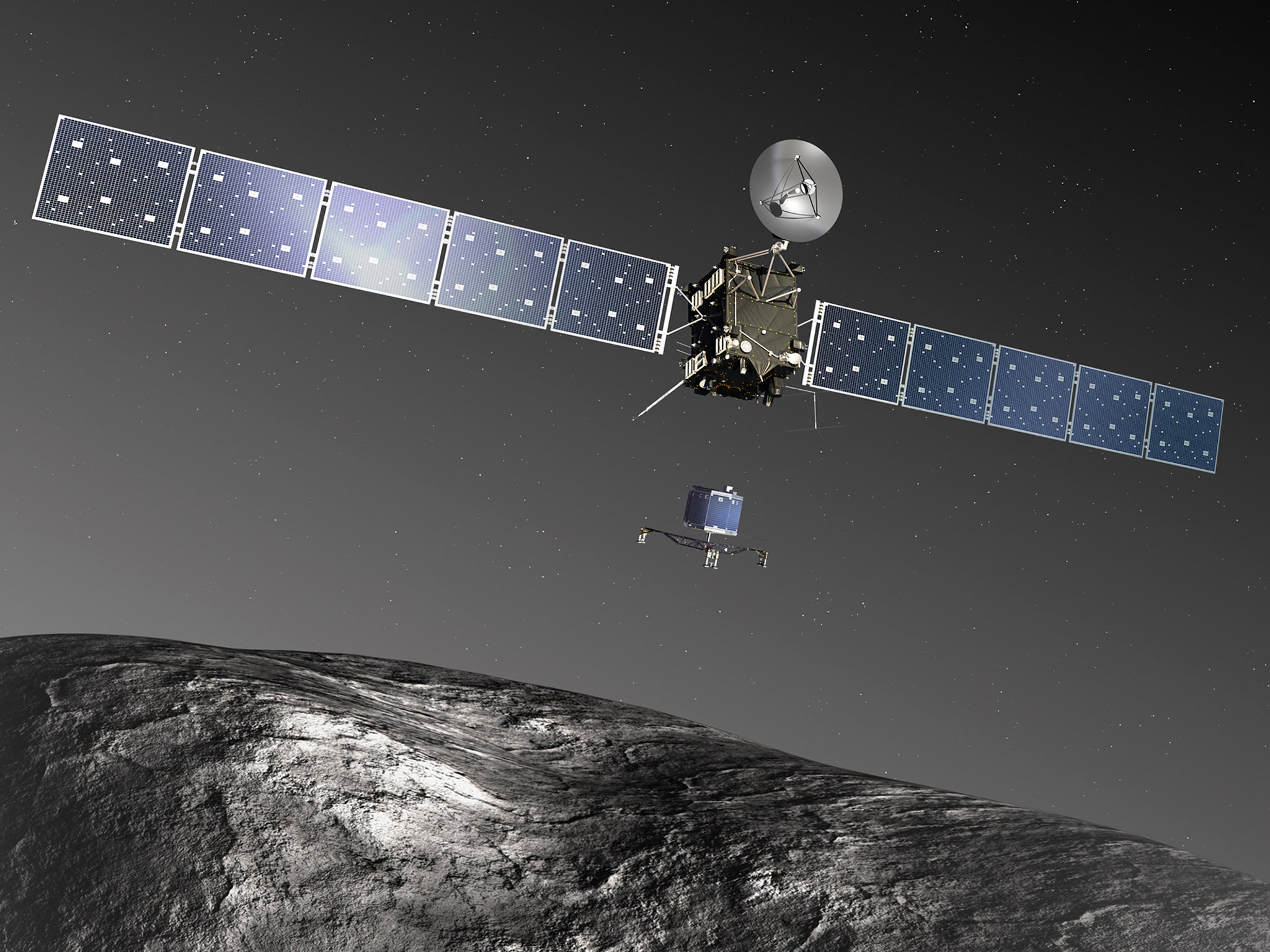 An artist's impression of Rosetta releasing it's on board robot Philae which landed on the comet's surface