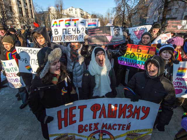 Protesters at an anti-fascist rally in Moscow yesterday. While Mr Putin says protests are allowed, LGBT activists report being detained and beaten at gay pride events