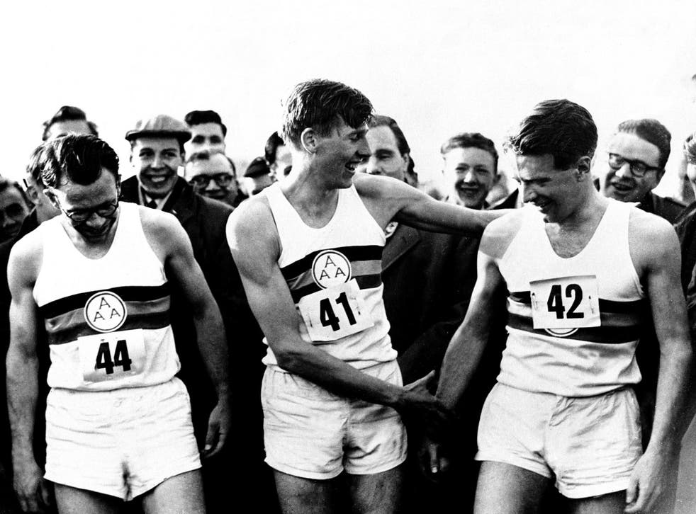 Roger Bannister celebrates with Chris Chataway in 1954 as he becomes the first man to run a sub-four minute mile
