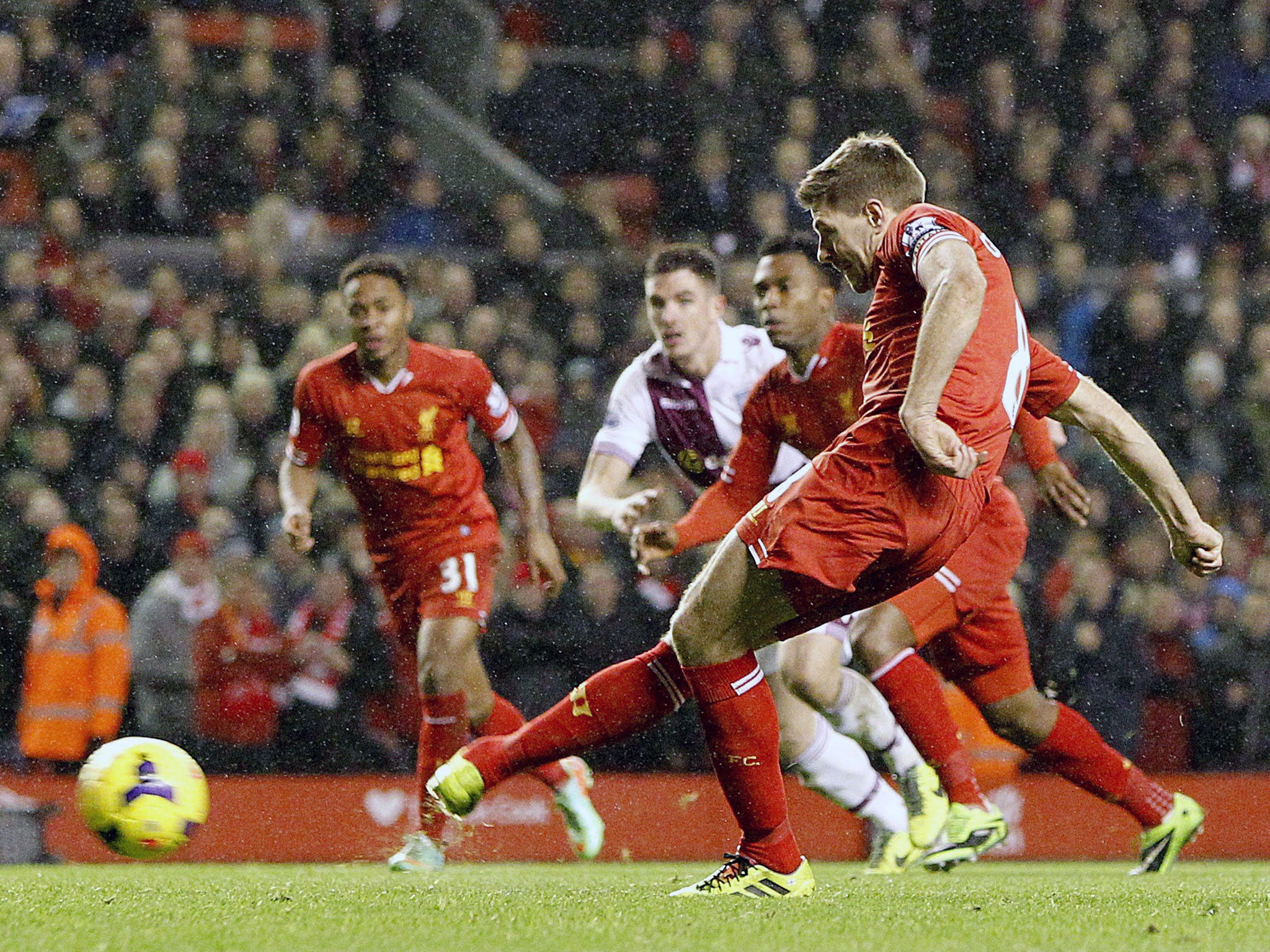 Steven Gerrard scores from the penalty spot against Villa