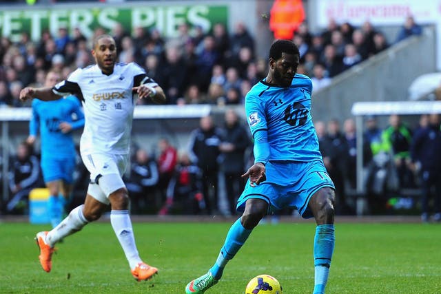 Emmanuel Adebayor has been praised by Tottenham manager Tim Sherwood for his resurgence in form