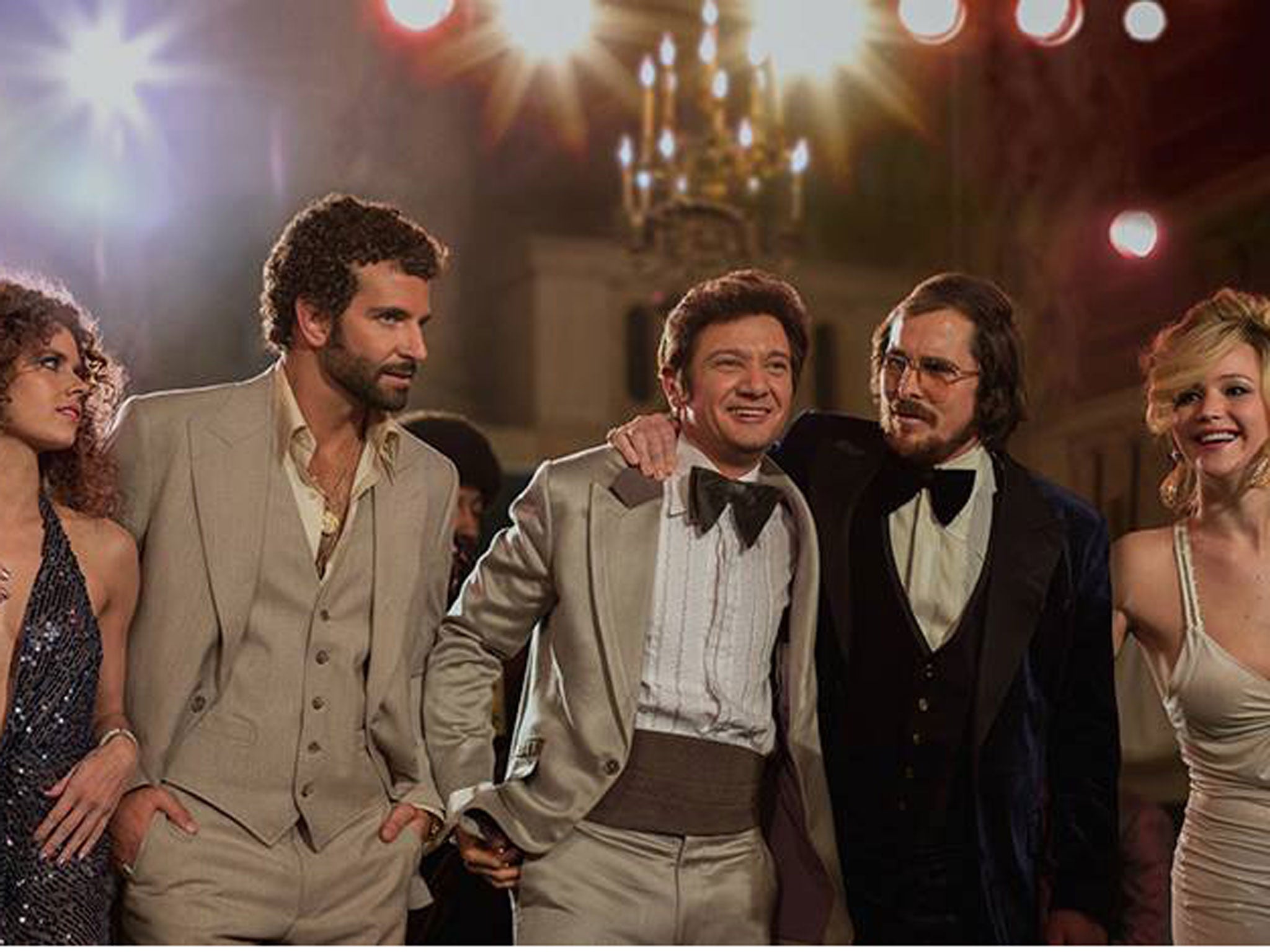 Amy Adams, Bradley Cooper, Jeremy Renner, Christian Bale and Jennifer Lawrence in American Hustle