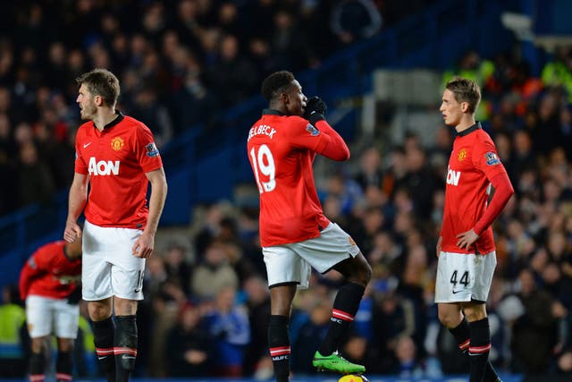 Michael Carrick, Danny Welbeck and Adnan Januzaj of Manchester United look downbeat in the defeat to Chelsea