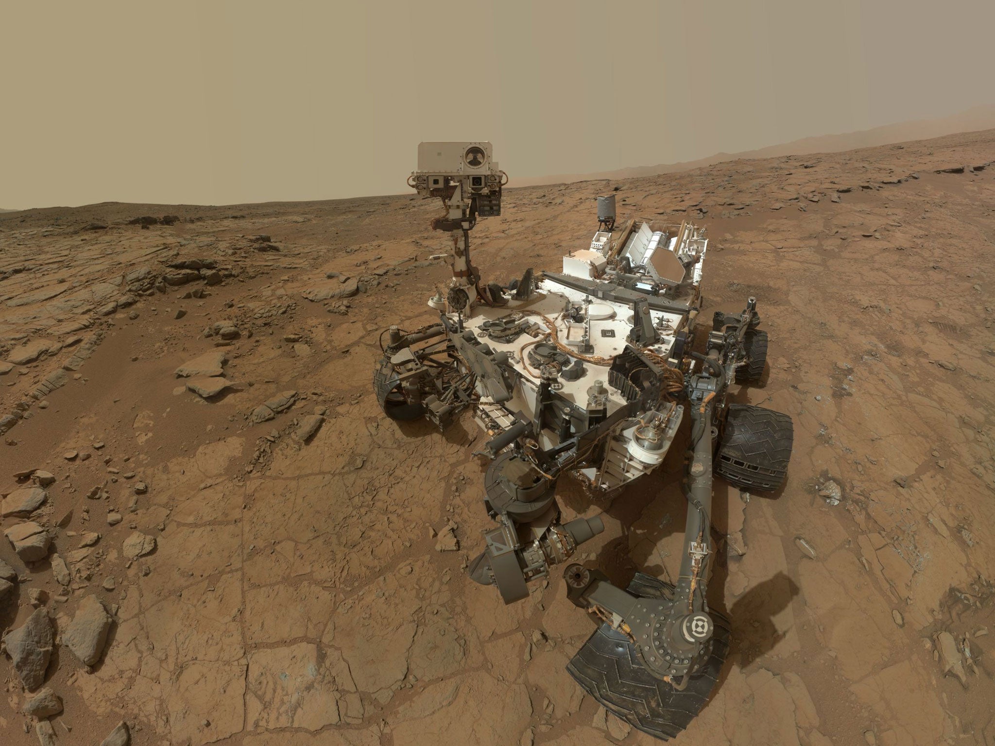 A self-portrait of the Mars rover Curiosity combines dozens of exposures taken by the rover's Mars Hand Lens Imager (MAHLI) during the 177th Martian day, or sol, of Curiosity's work on the planet Mars