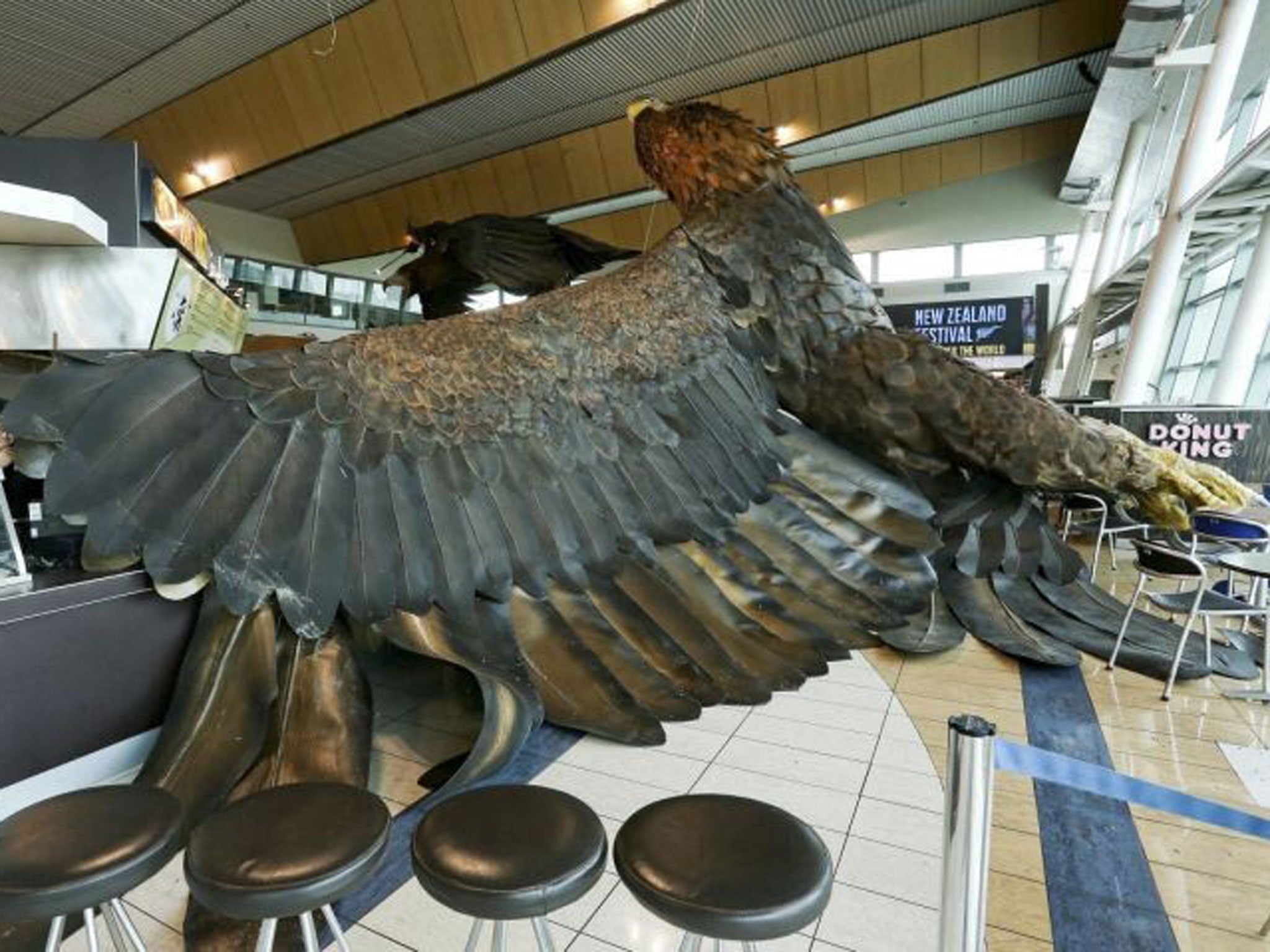 A giant eagle sculpture promoting 'The Hobbit' movie trilogy lying on the ground after it fell in the wake of an earthquake at Wellington Airport.