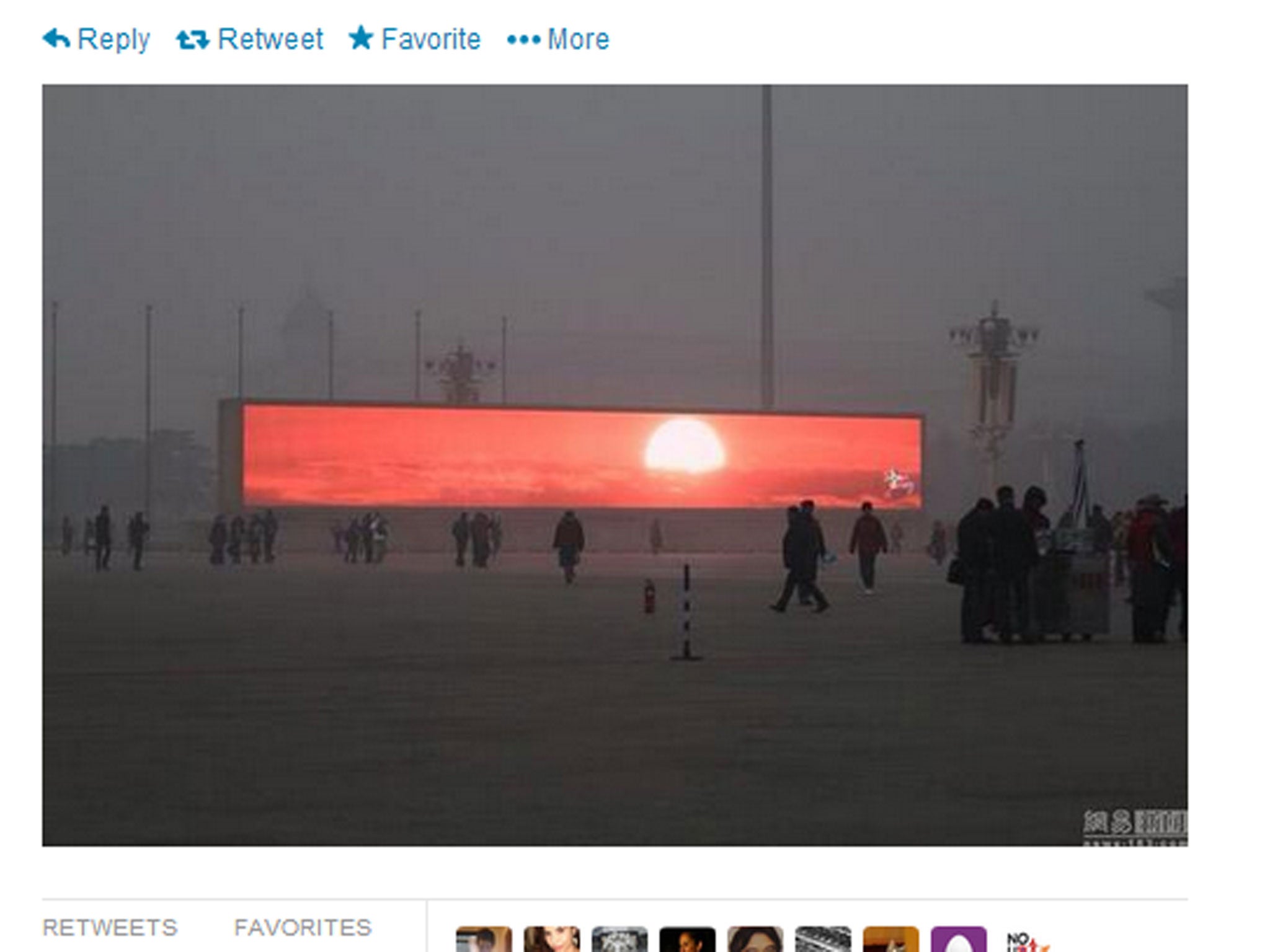 Twitter users started sharing this image, appearing to show people watching a sunrise televised in Tiananmen Square, Beijing