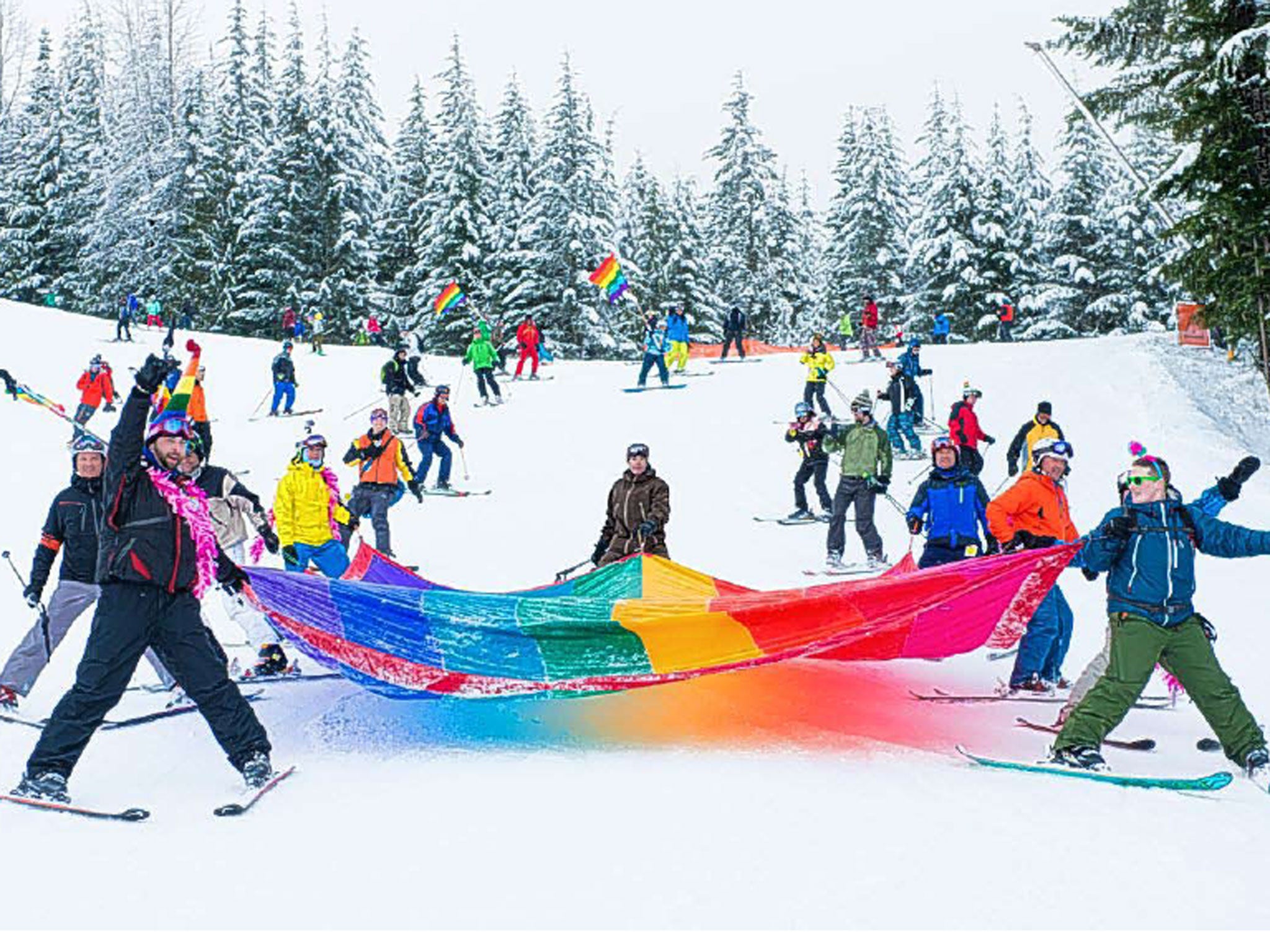 Flying the flag: revellers at SkiOUT, part of WinterPRIDE on the Whistler slopes