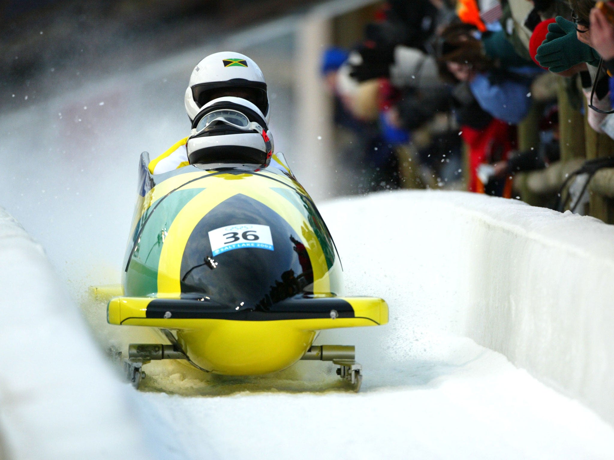 The Jamaican bobsleigh team of Winston Alexander Watt and Lascelles Oneil Brown in action in the Men's Two-Man Bobsleigh event during the Salt Lake City Winter Olympic Games 2002, in Utah.