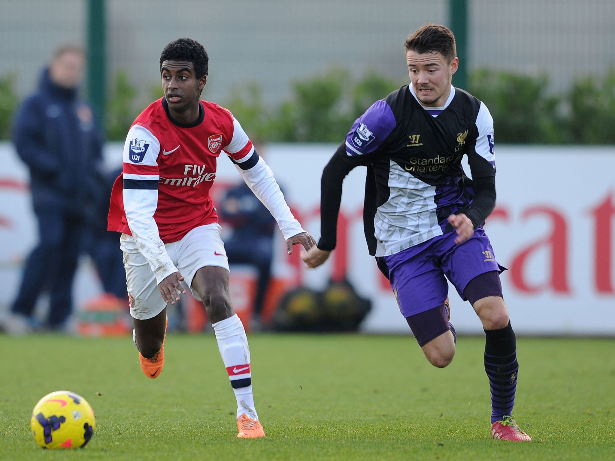 Gedion Zelalem (left) in action for Arsenal Under 21s in their 4-2 defeat by Liverpool Under 21s this week