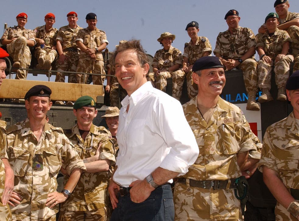 Blair meeting with troops in Basra, Iraq in 2003