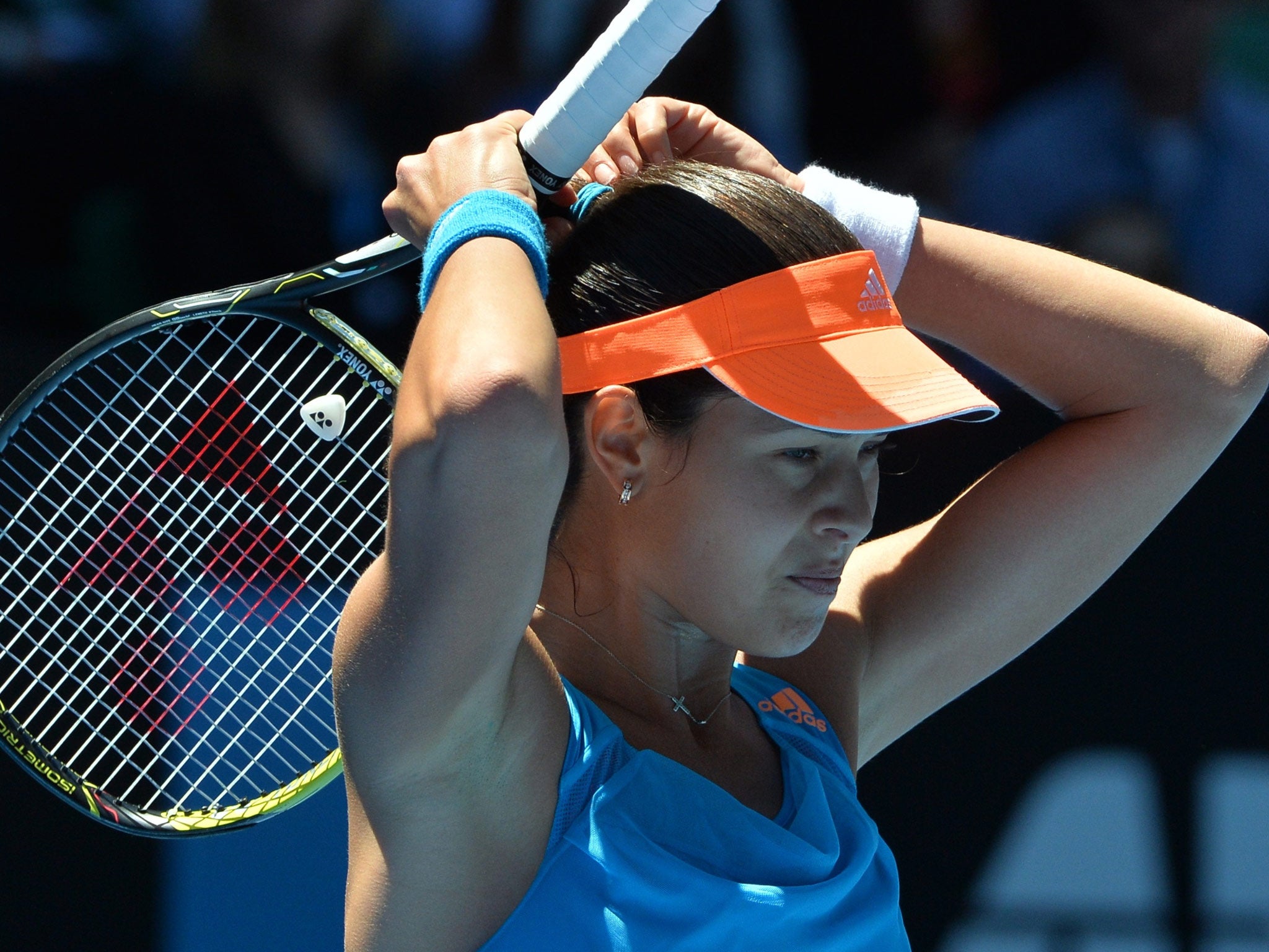 Ana Ivanovic of Serbia reacts to a point to Eugenie Bouchard of Canada during her defeat at the quarter-final stage