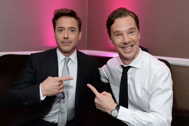 Robert Downey Jr. and Benedict Cumberbatch backstage at the 25th annual Producers Guild of America Awards at the Beverly Hilton Hotel 