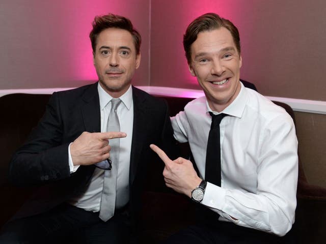 Robert Downey Jr. and Benedict Cumberbatch backstage at the 25th annual Producers Guild of America Awards at the Beverly Hilton Hotel 