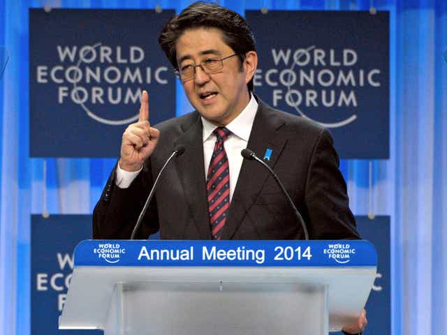 Japanese Prime Minister Shinzo Abe delivers his special address at the opening session of the World Economic Forum in Davos