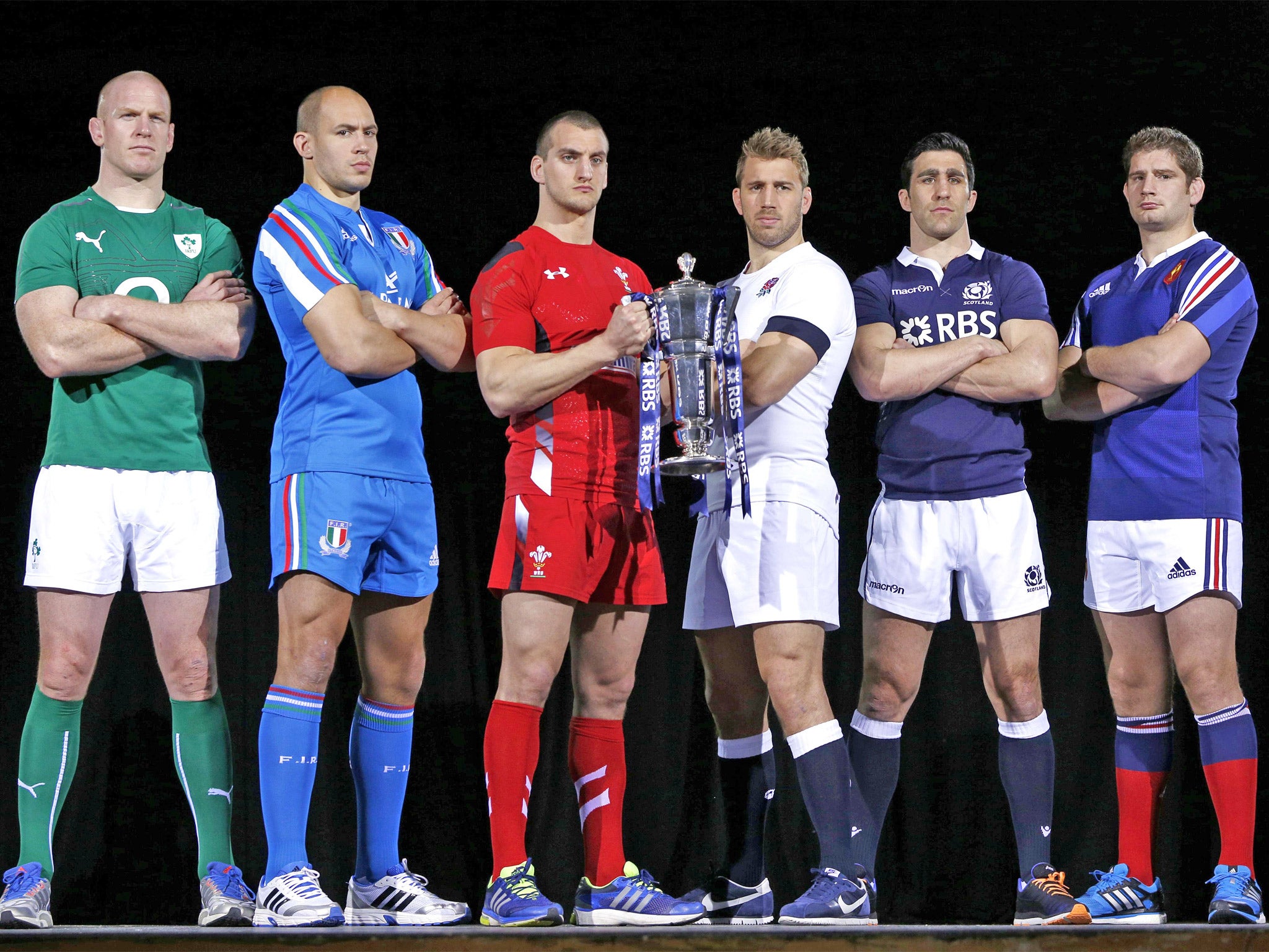 (Left to right) Ireland’s captain Paul O’Connell, Italy’s Sergio Parisse, Wales’s Sam Warburton, England’s Chris Robshaw, Scotland’s Kelly Brown and France’s Pascal Pape line up for the launch of the Six Nations
