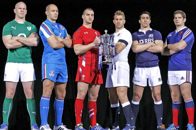 (Left to right) Ireland’s captain Paul O’Connell, Italy’s Sergio Parisse, Wales’s Sam Warburton, England’s Chris Robshaw, Scotland’s Kelly Brown and France’s Pascal Pape line up for the launch of the Six Nations