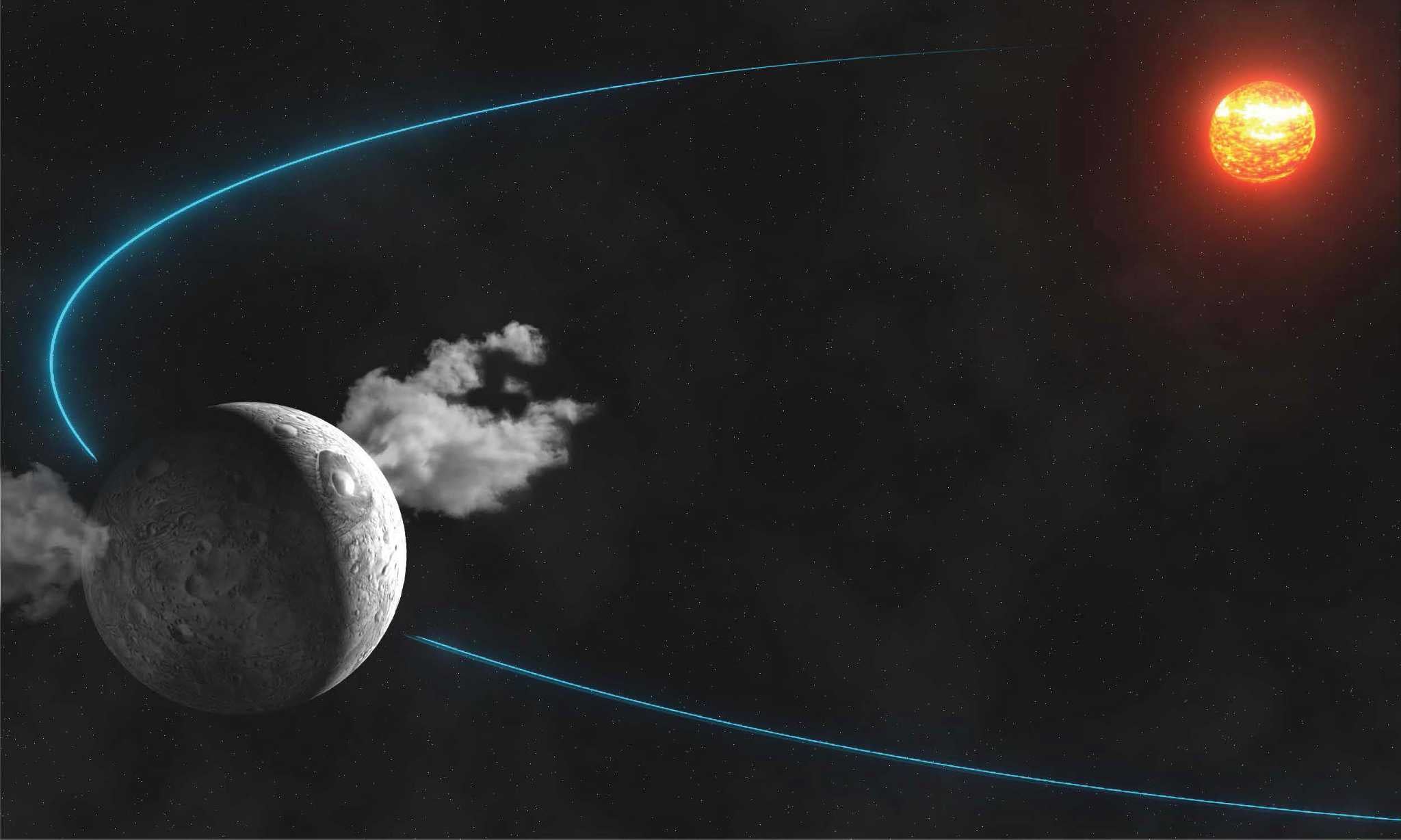 An artist's impression of the water vapour being emitted from the surface of the dwarf planet Ceres