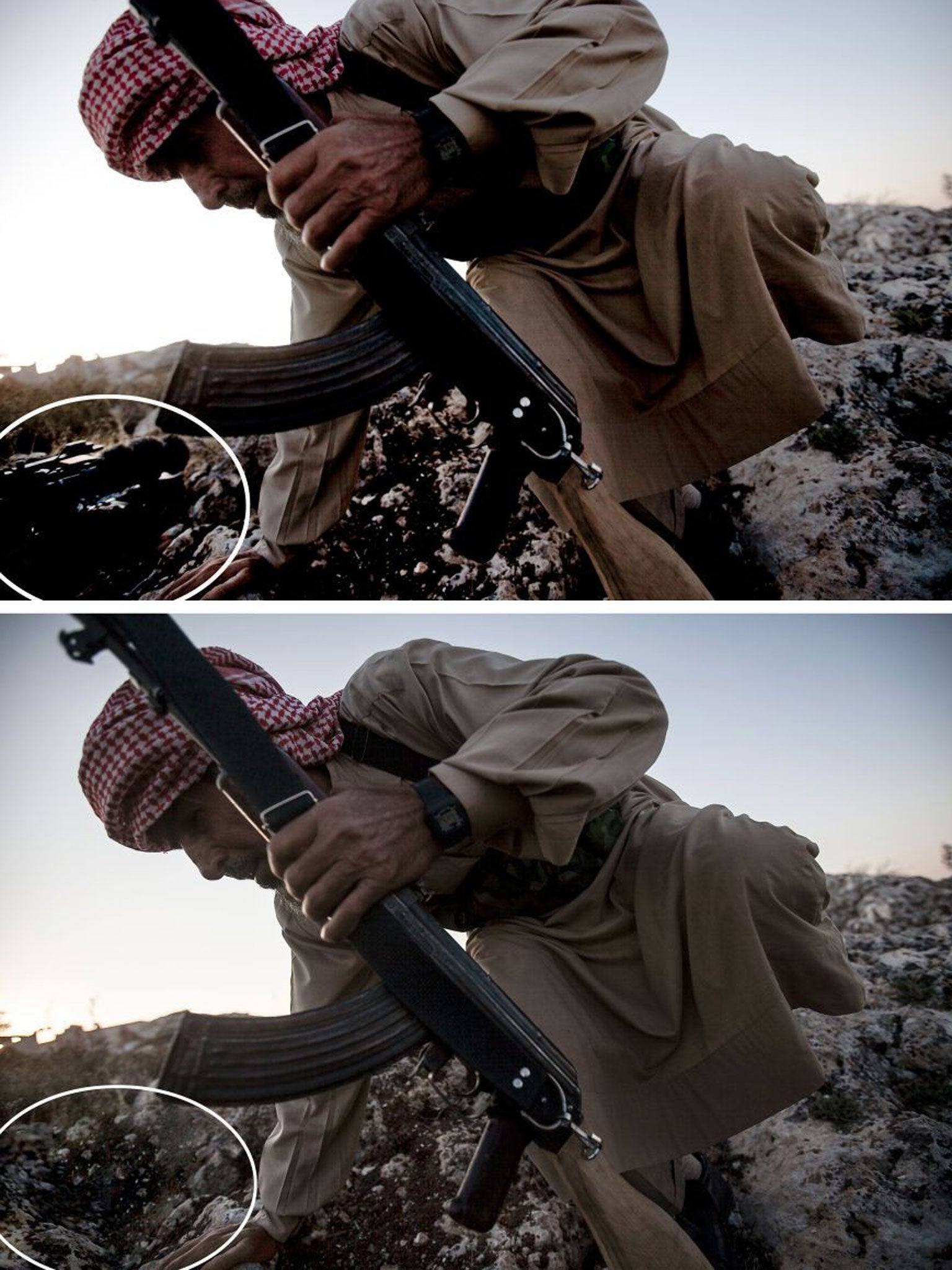 In a photo taken, Sunday, 29 September, 2013, a Syrian opposition fighter takes cover during an exchange of fire with government forces in Telata village, a frontline located at the top of a mountain in the Idlib province countryside of Syria. In the orig