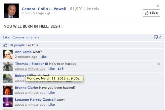 Colin Powell's Facebook account, apparently hacked by Guccifer.