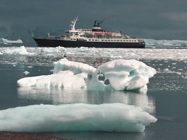 The cruise liner Lyubov Orlova, shown here among ice in Antarctica, has been drifting without a crew in the north Atlantic for the past year 