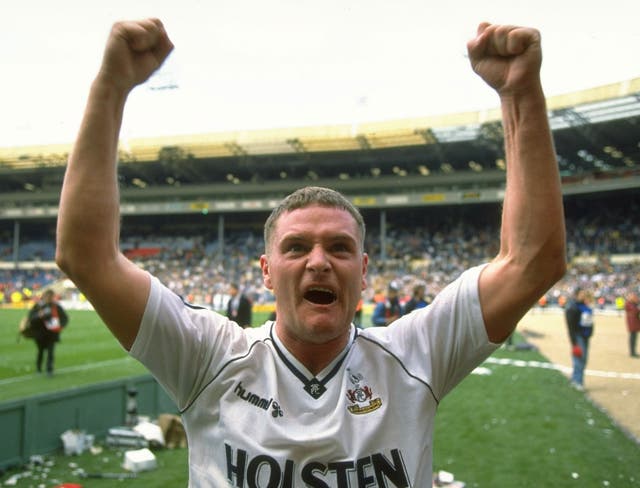 1991: Paul Gascoigne #8 of Tottenham Hotspur celebrates their win after the FA Cup Semi-Final against Arsenal at Wembley Stadium in London