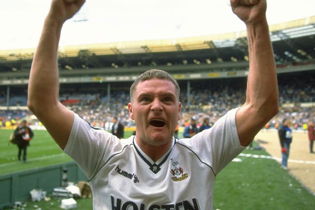1991: Paul Gascoigne #8 of Tottenham Hotspur celebrates their win after the FA Cup Semi-Final against Arsenal at Wembley Stadium in London