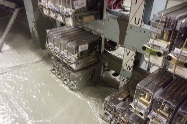 The damage caused by a cement leak to a signal control room at Victoria Station