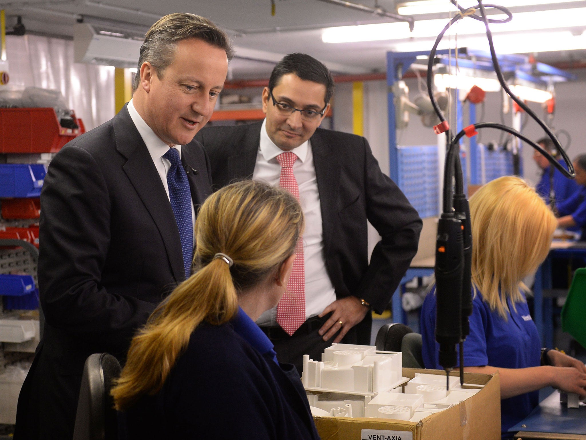 David Cameron visiting the headquarters of ventilation manufacturer, Vent-Axia in Crawley, East Sussex; the company has recently created 26 new jobs by moving production back to the UK from China