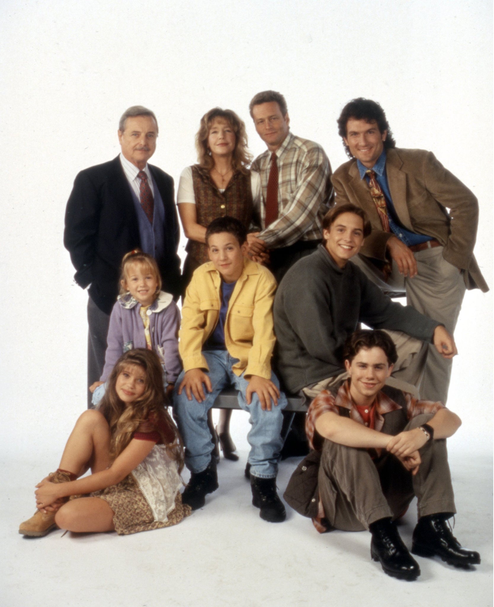 The original Boy Meets World Cast: (Top) Williams Daniels, Betsy Randle, William Russ, Anthony Tyler Quinn, (middle) Lily Nicksay, Ben Savage, Will Friedle, (bottom) Danielle Fishel, Rider Strong