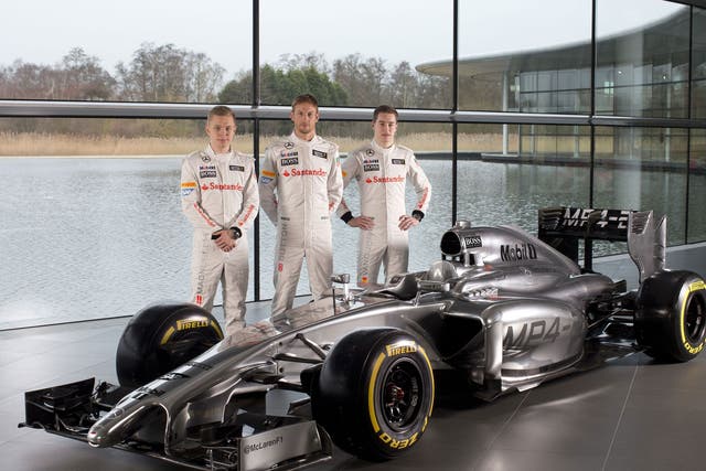 McLaren drivers (left to right) Kevin Magnussen, Jenson Button and Stoffel Vandoorne at the launch of the new MP4-29 car at their base in Woking