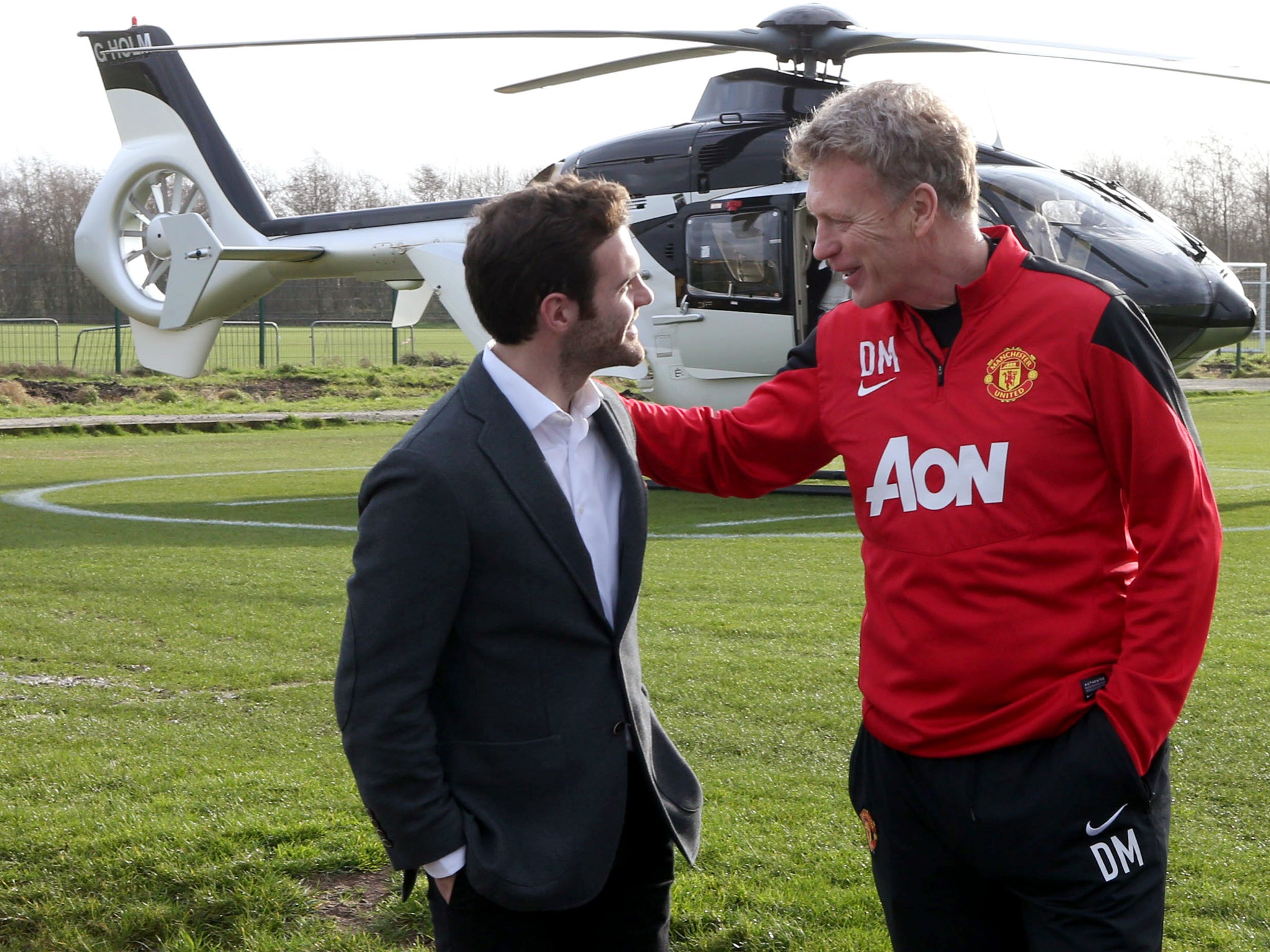 David Moyes greets Juan Mata ahead of his proposed £37m transfer from Chelsea